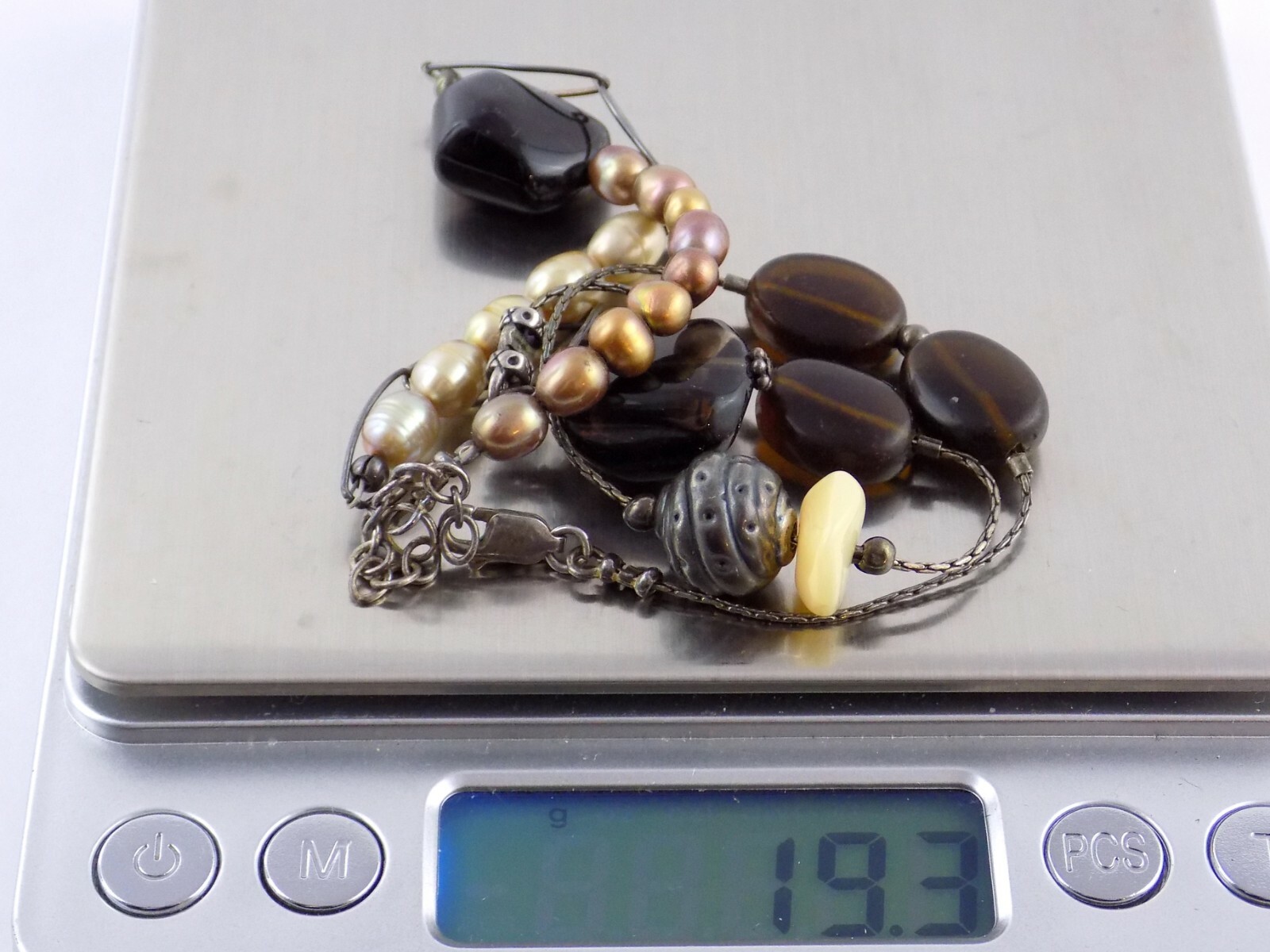 Sterling Silver Smoky Quartz Agate and Pearl Beaded Necklace 925 19.3g 18 Inches