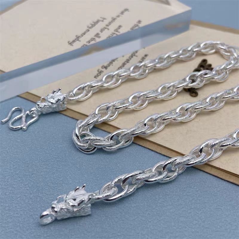 Pure S999 Fine Silver Chain 7mm Dragon Cloud Toggle Link Necklace 57-58G 25.6IN