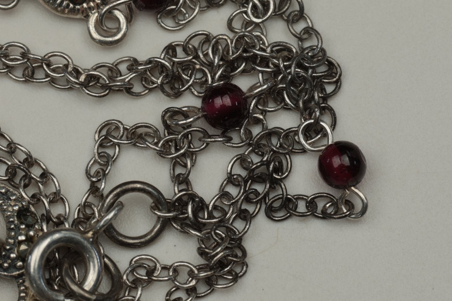 Vintage 925 Sterling Silver Marcasite Garnet Beaded Y-Drop Pendant Necklace 25g