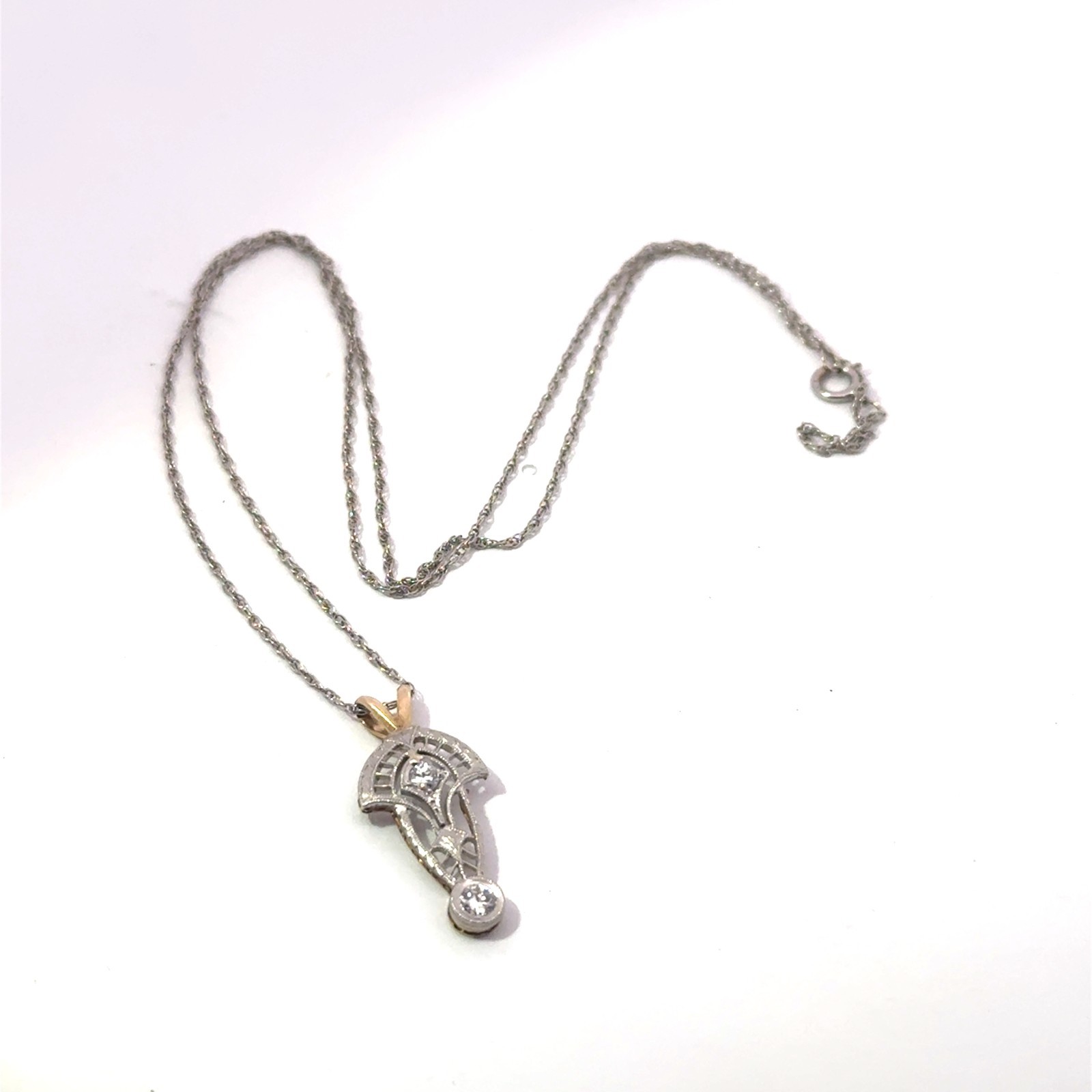 14k Yellow & White Gold Stamped & Platinum Diamond Art Deco Chain Necklace 18″