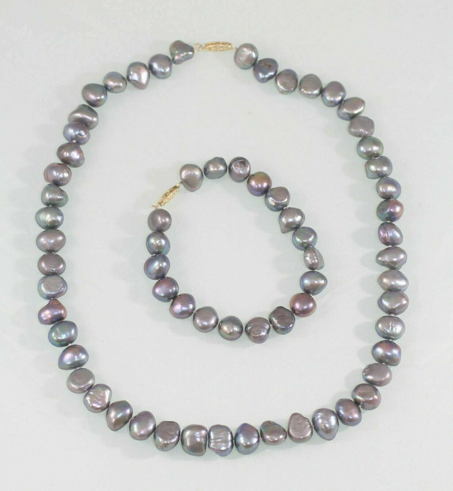 14k Yellow Gold JCM Grey Baroque Freshwater Pearl Necklace and Bracelet 9-10mm