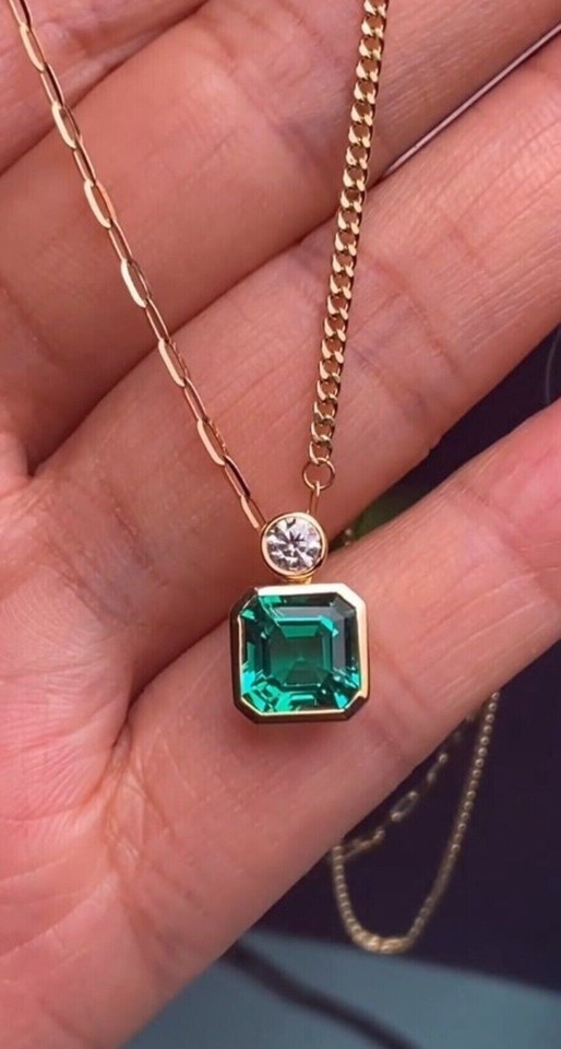 2Ct Asscher Cut Lab-Created Emerald Solitaire Pendant 14K Yellow Gold Plated 18
