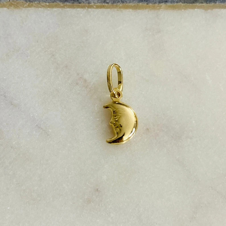 Real 14K Gold Moon Pendant 0.67″ 3D Celestial Half Moon Face Petite Charm-PT474