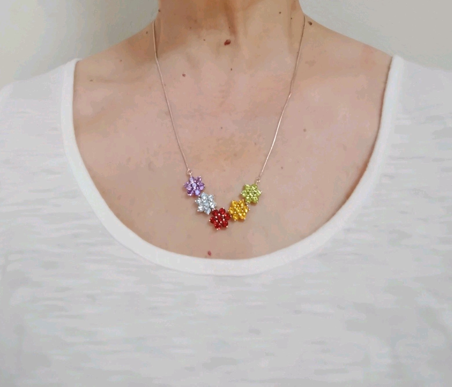 Thai Sterling Silver 925 Multi-Gem Floral Necklace Garnet Amethyst Topaz 20.5″