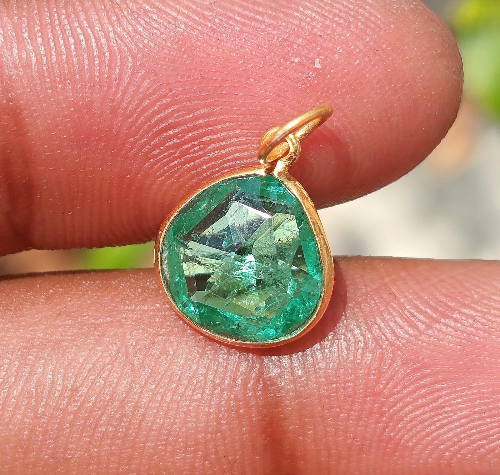 Pear Emerald Gold Charm Pendant -18k Solid Gold Handmade Necklace Gemstone Charm