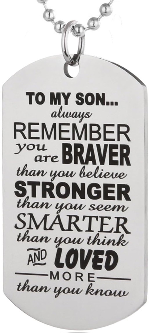 To My Son Dog Tag Pendant Necklace Inspirational Words Engraved Birthday Graduat