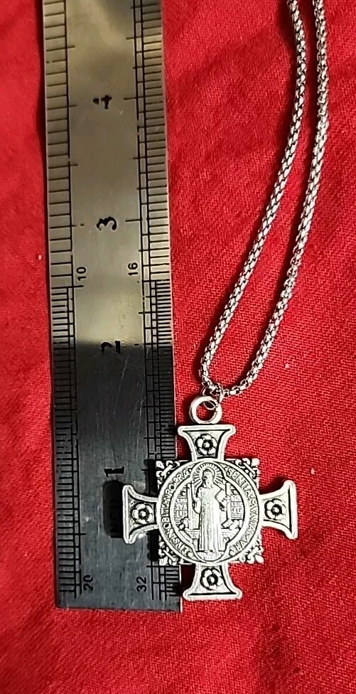 SILVER PLATED SAINT BENEDICT BMedal Cross Pendant on 22 In Chain FREE SHIPPING