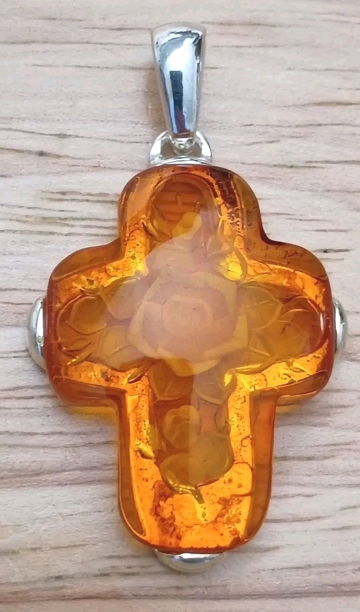 Vintage 925 Sterling Silver Carved Amber Rose Cross Pendant ATI Poland
