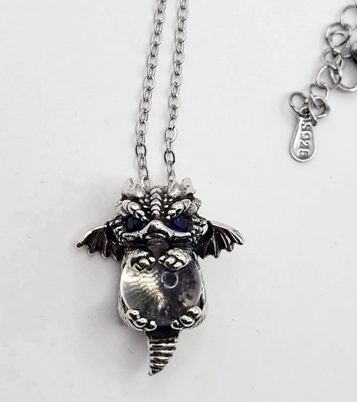 925 Sterling Silver Baby Dragon With Crystal Ball Necklace 17.7”