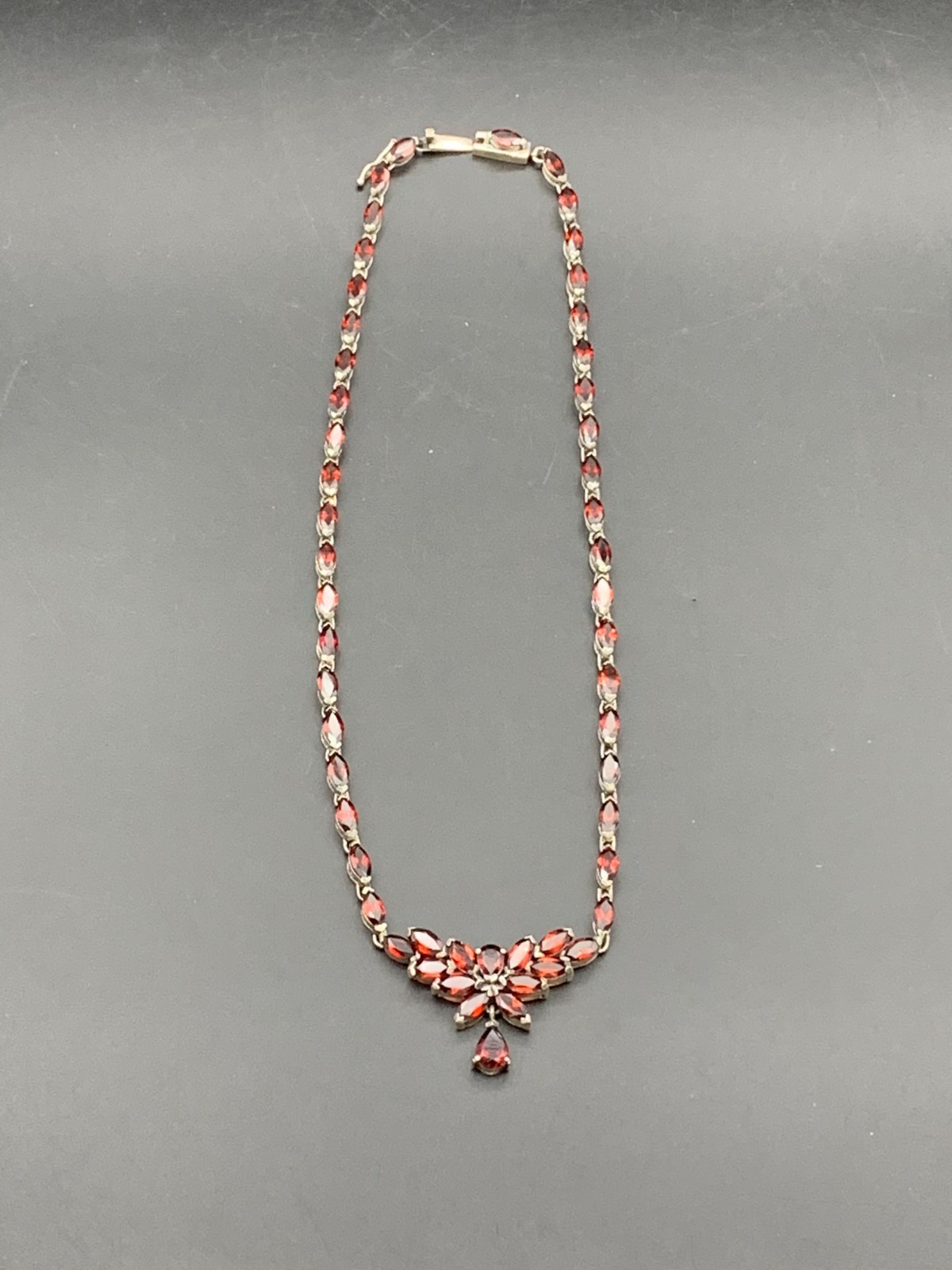 NF 925 STERLING SILVER GARNET COCKTAIL TENNIS DROP NECKLACE (671)
