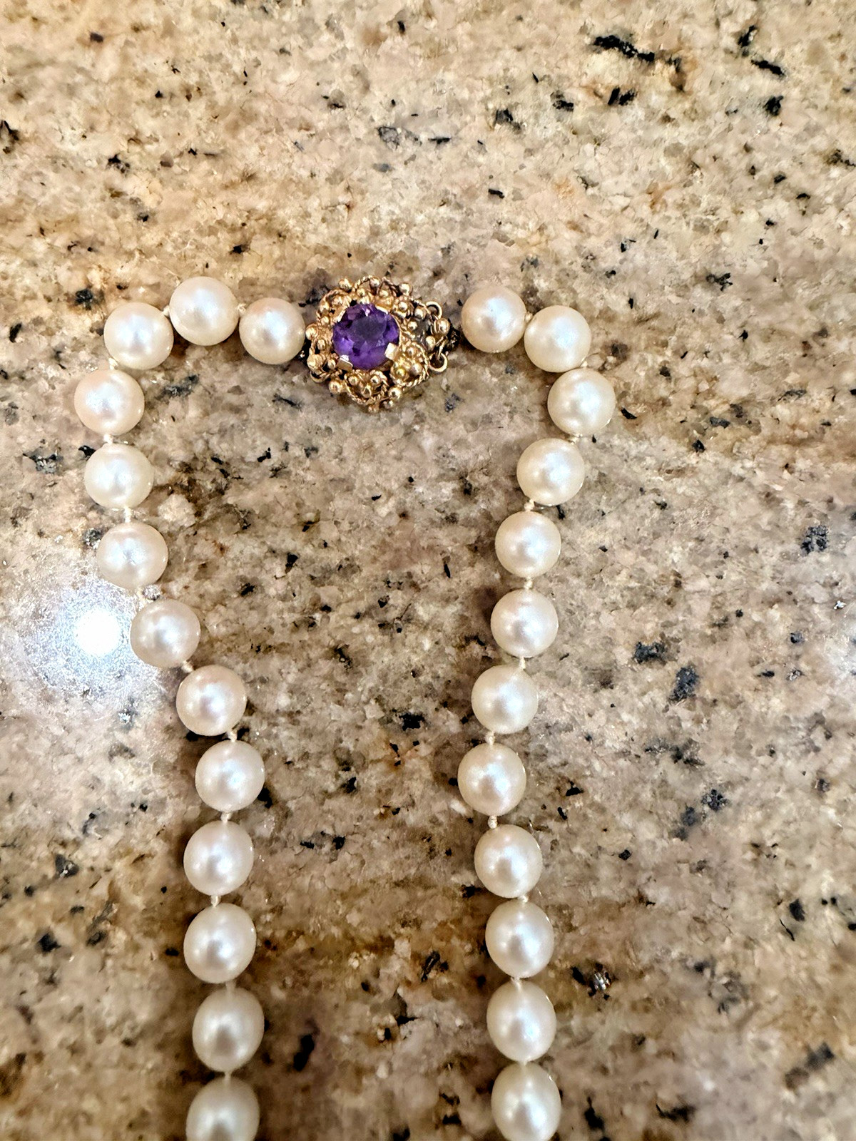 Saltwater Pearls Strand With 14 Karat Gold Amethyst Clasp Vintage Jewelry Nice