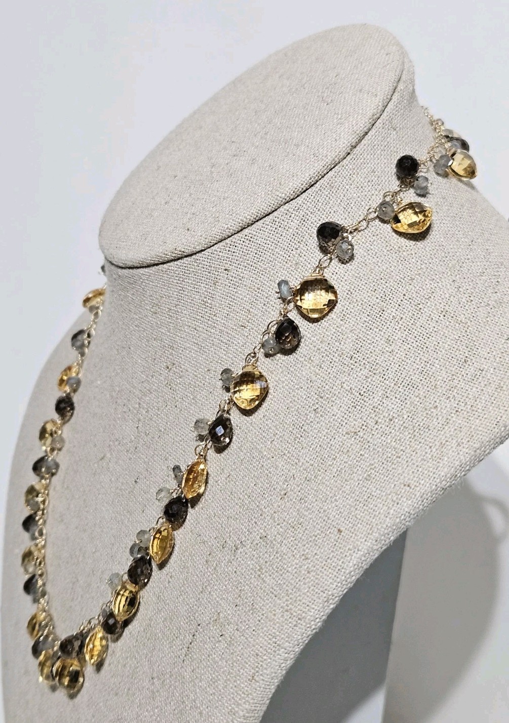 Jewelmak 14K Gold Citrine Smoky Quartz Moonstone Dangle Briolette Necklace 17″