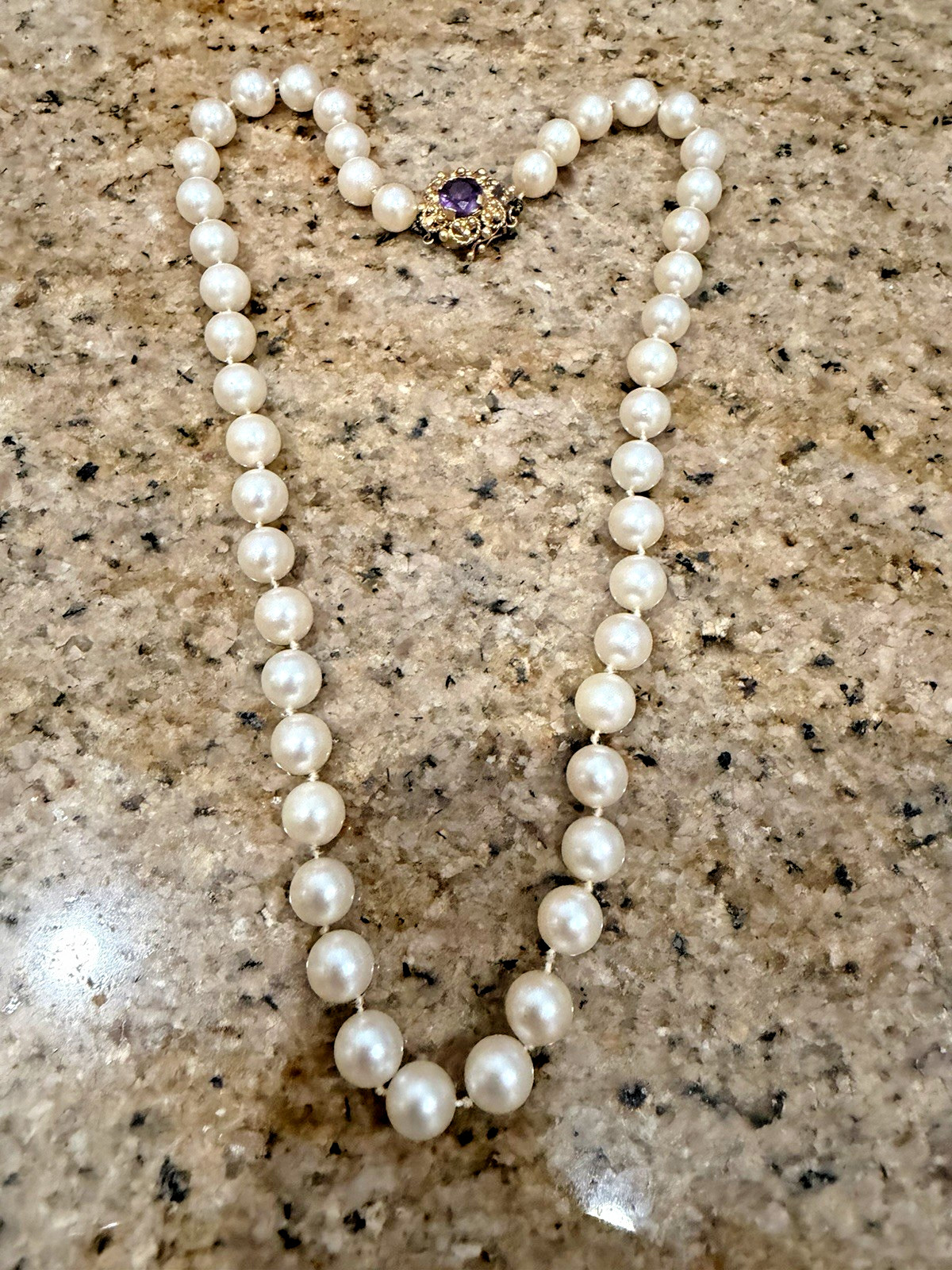 Saltwater Pearls Strand With 14 Karat Gold Amethyst Clasp Vintage Jewelry Nice