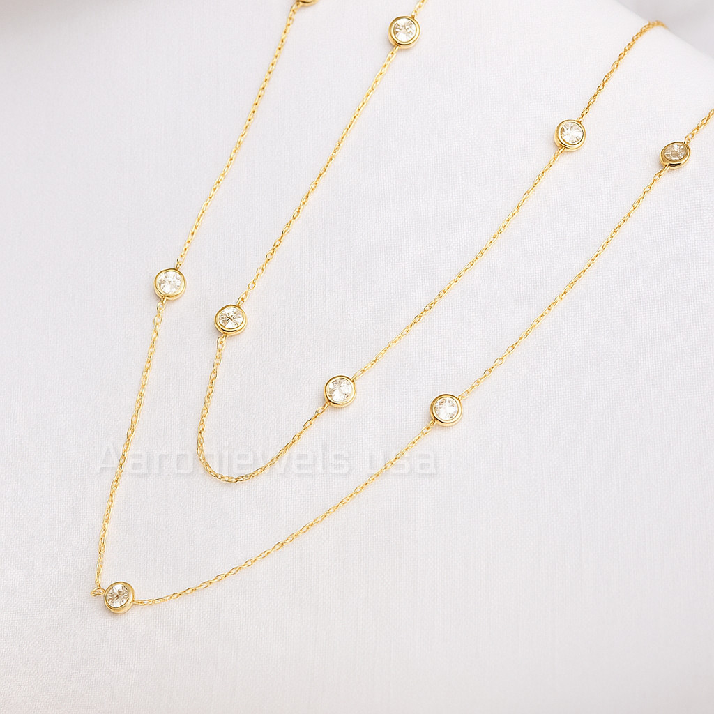 Bezel Set 3.00Ct IGI Lab Grown Diamond Station Necklace | 14K Yellow Gold 18″