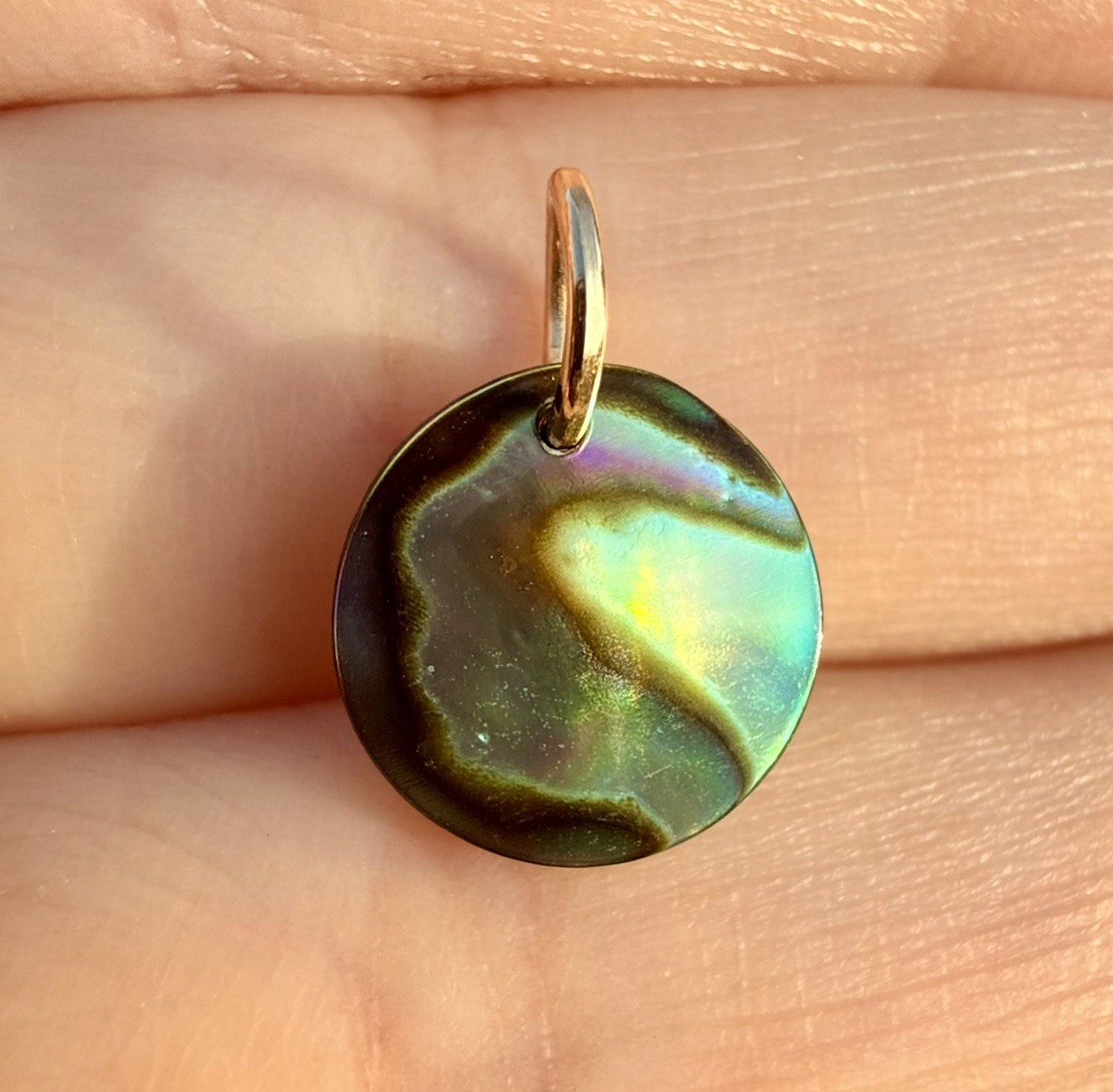 14k Solid Gold Charm • Coastal Abalone Coin Shell Pendant • Beachy Ocean Jewelry