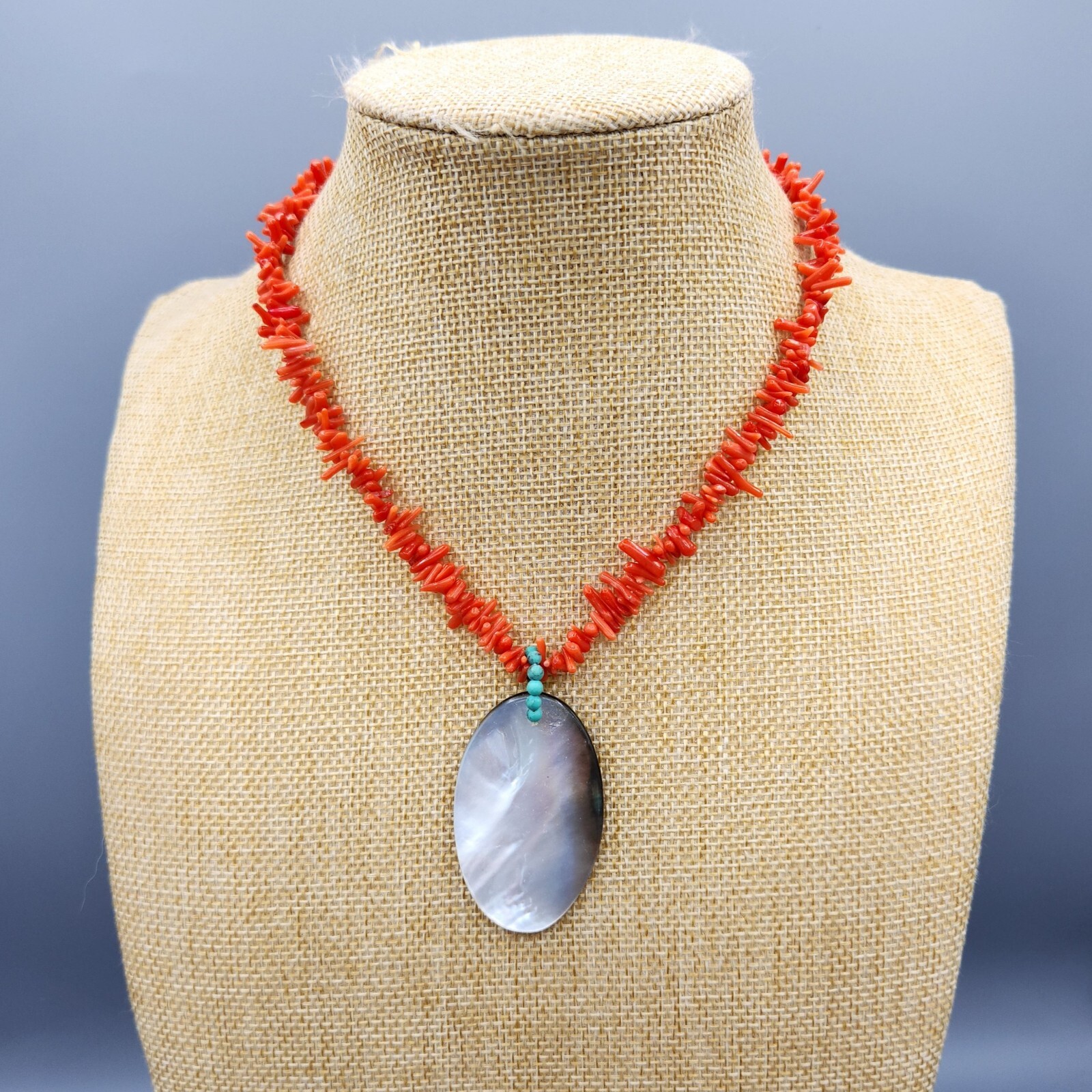 Red Branch Coral Turquoise Mother of Pearl Sterling Silver Necklace 16″ 25.7g