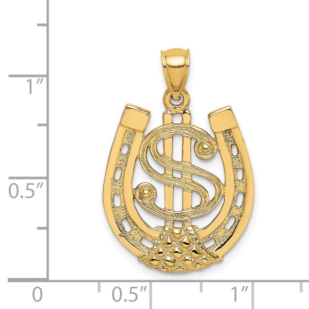 14k Yellow Gold Dollar Sign In Horseshoe Charm Pendant L-1.08 Inch, W-0.78 Inch