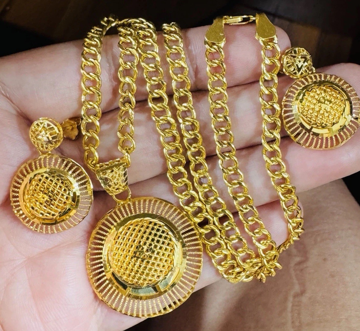 22K 916 Real Gold 18”/18.5” long Round Earring Set Necklace 21.24g 5.5mm WOMENS