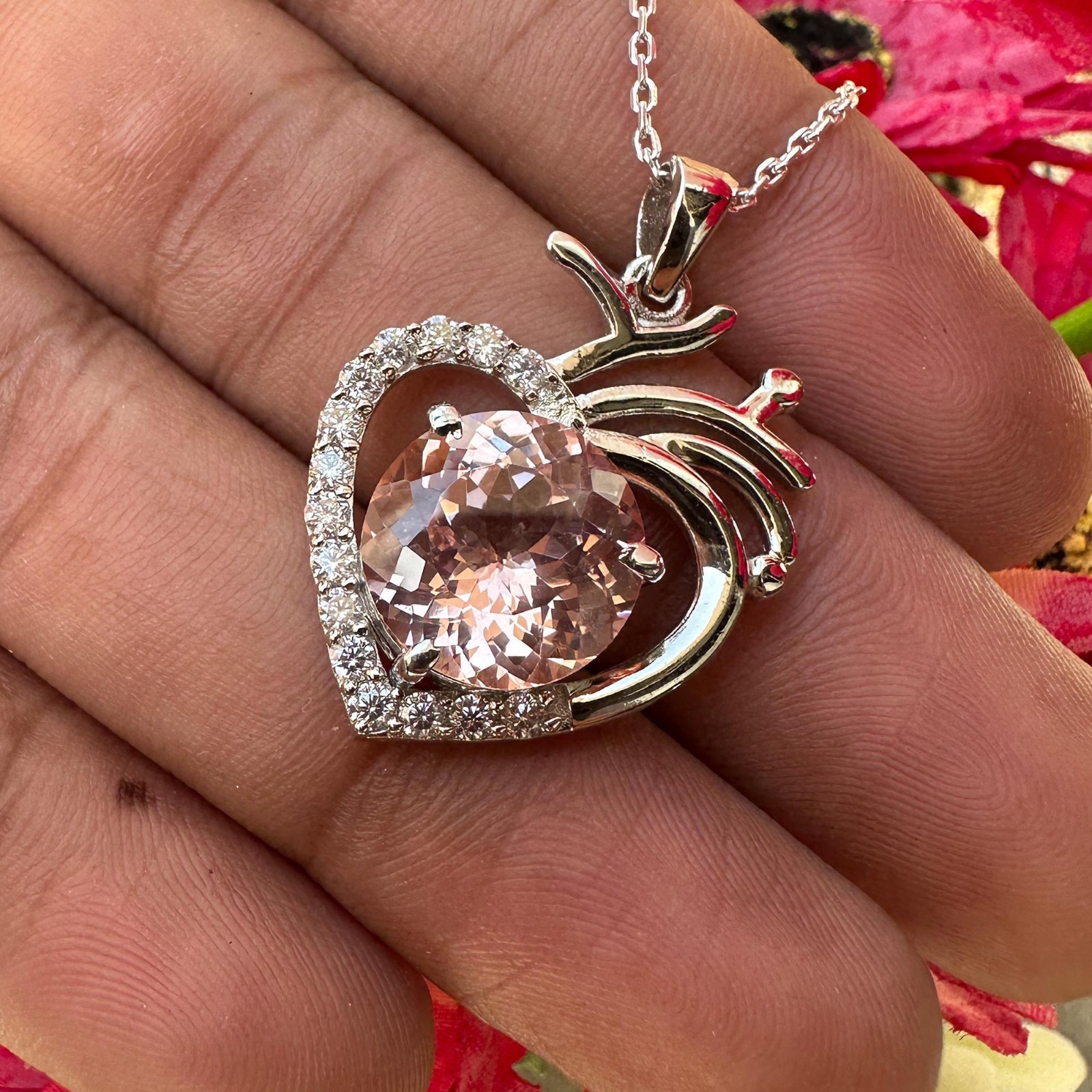 Certified Padparadscha Sapphire 30 Ct Heart Pendant Necklace 925 Sterling Silver