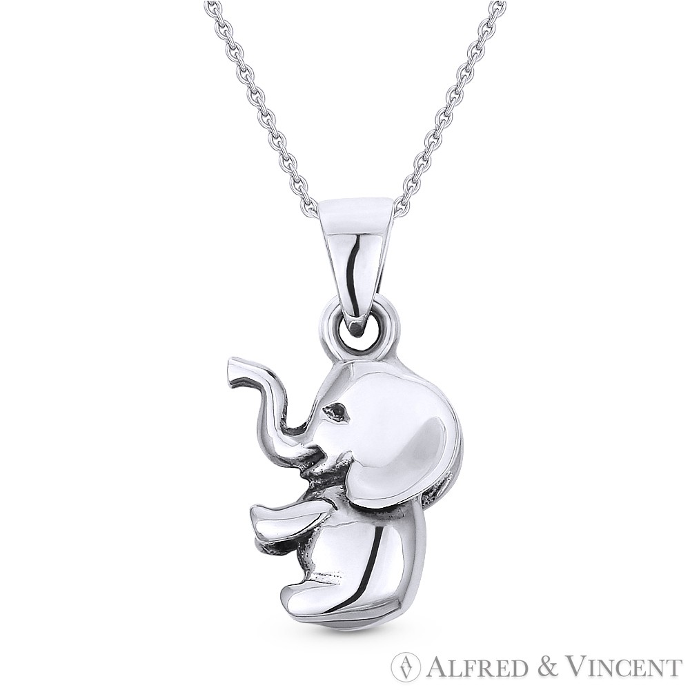 3D Baby Elephant Animal Charm Pendant & Chain Necklace in .925 Sterling Silver