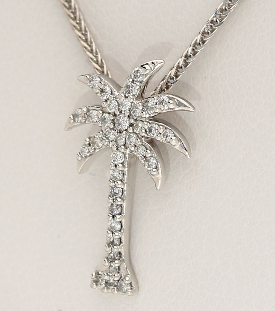 Natural Diamond Tiny Palm Tree Pendant Necklace .18CT 14K White Gold 16” Chain