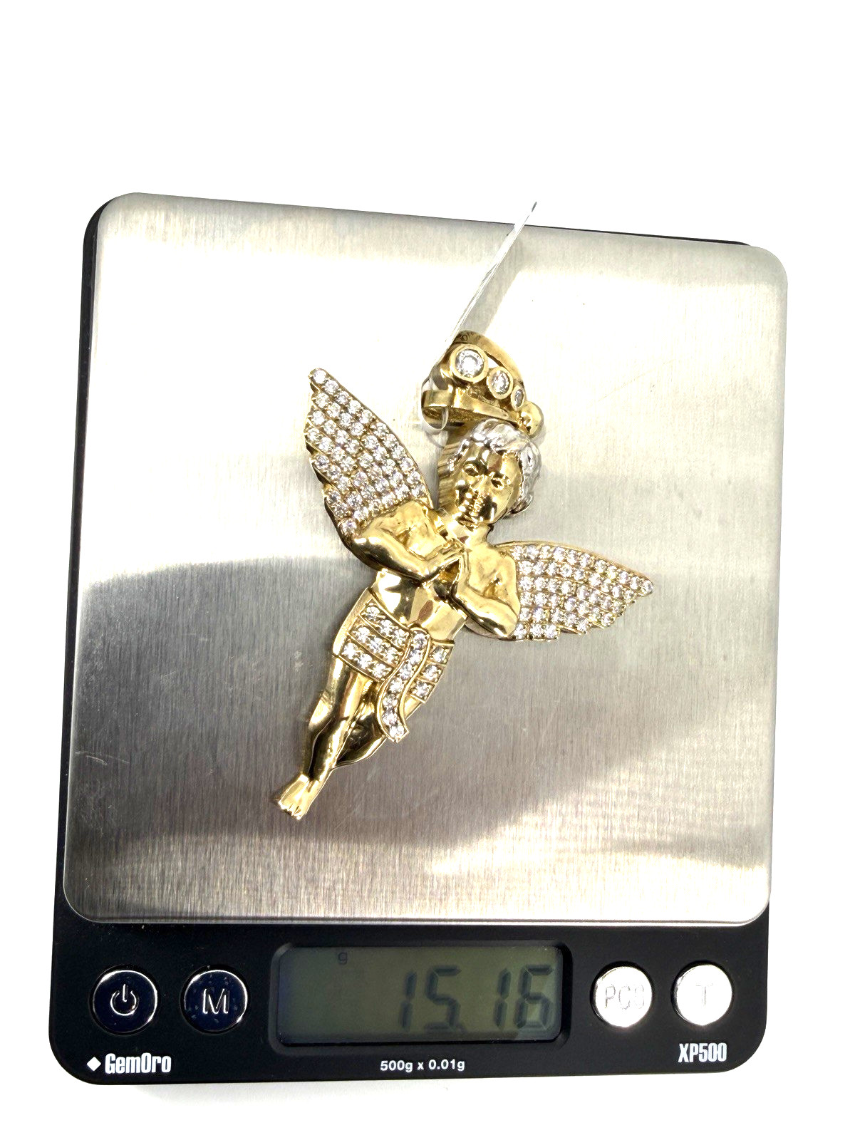 10K Solid Yellow Gold Iced Guardian Praying Angel Pendant CZ Italy