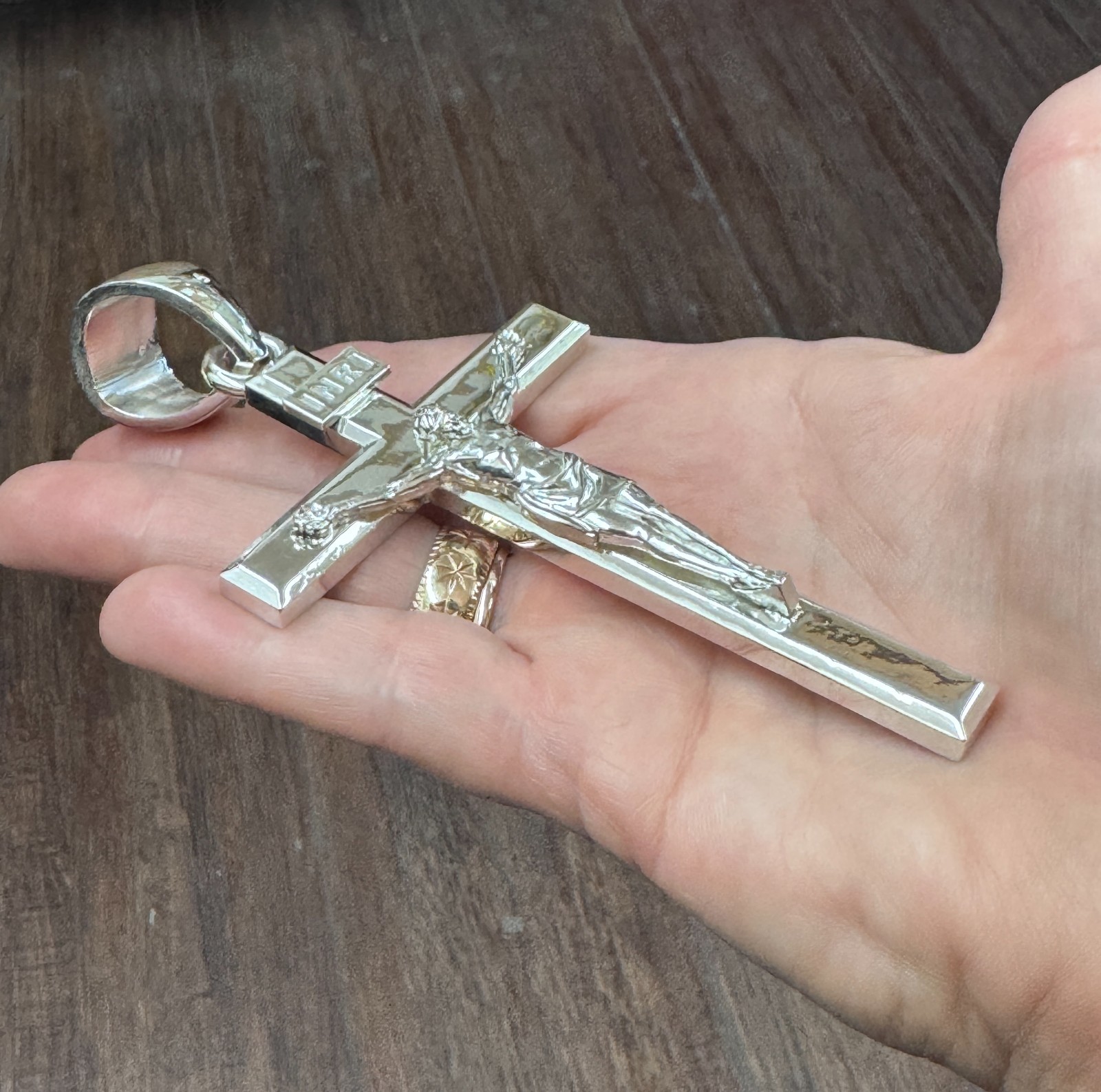 Large beveled 5″ heavy Cross Crucifix Jesus Christ Charm Pendant Silver .925