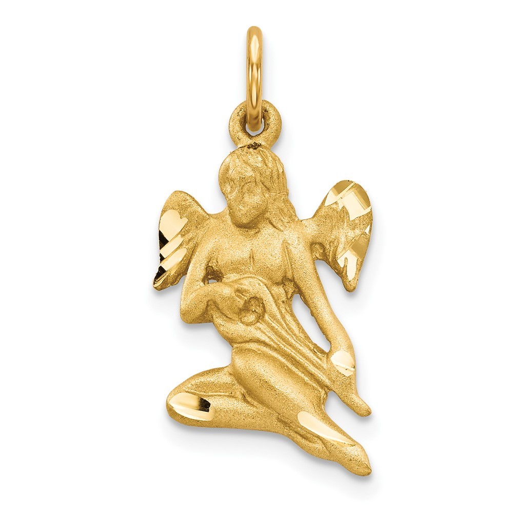 10k Yellow Gold Satin Diamond-cut Angel Playing Lute Charm Pendant L-0.99 Inch