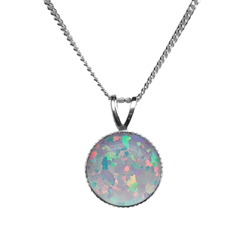 10mm ROUND LAB CREATED WHITE OPAL CABOCHON 925 STERLING SILVER PENDANT CHAIN
