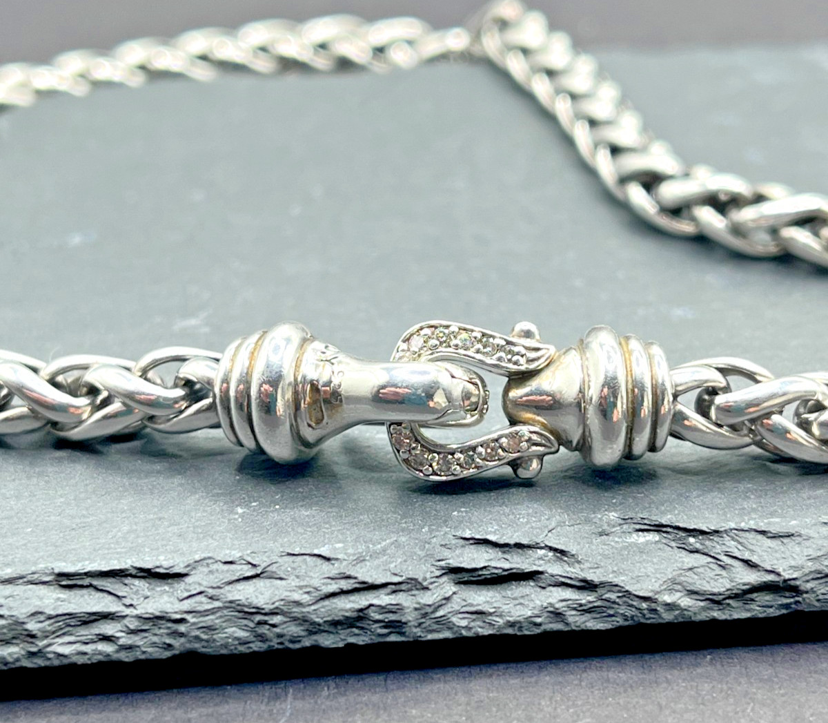 David Yurman diamond buckle single 6mm strand wheat necklace vintage jewelry 16″