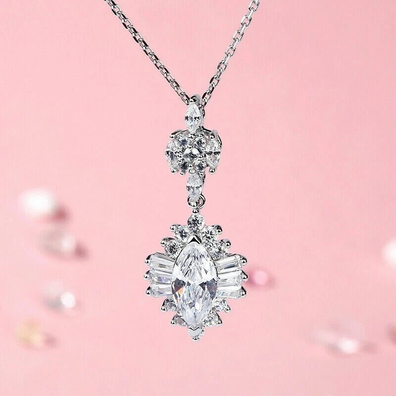 2Ct Marquise Cut Diamond Halo Pendant 14K White Gold Finish Free 18″ Chain