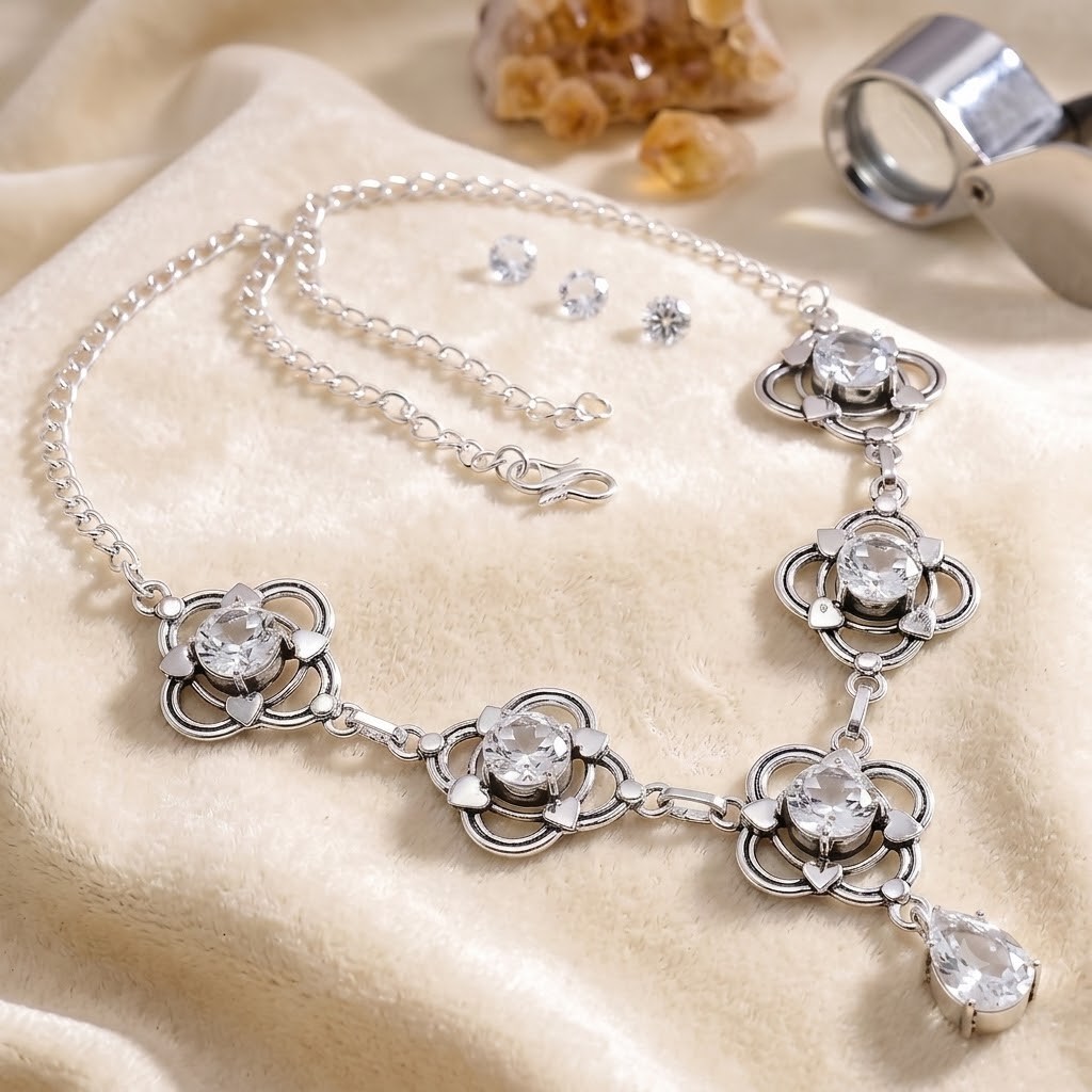 White Topaz Gemstone 925 Sterling Silver Jewelry Necklace Size-17-18″