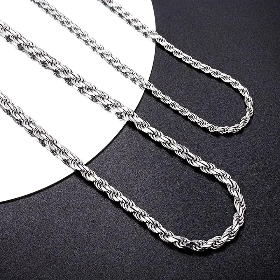 New Men’s Italian 4mm Diamond Cut Rope Chain Solid 925 Sterling Silver Necklace