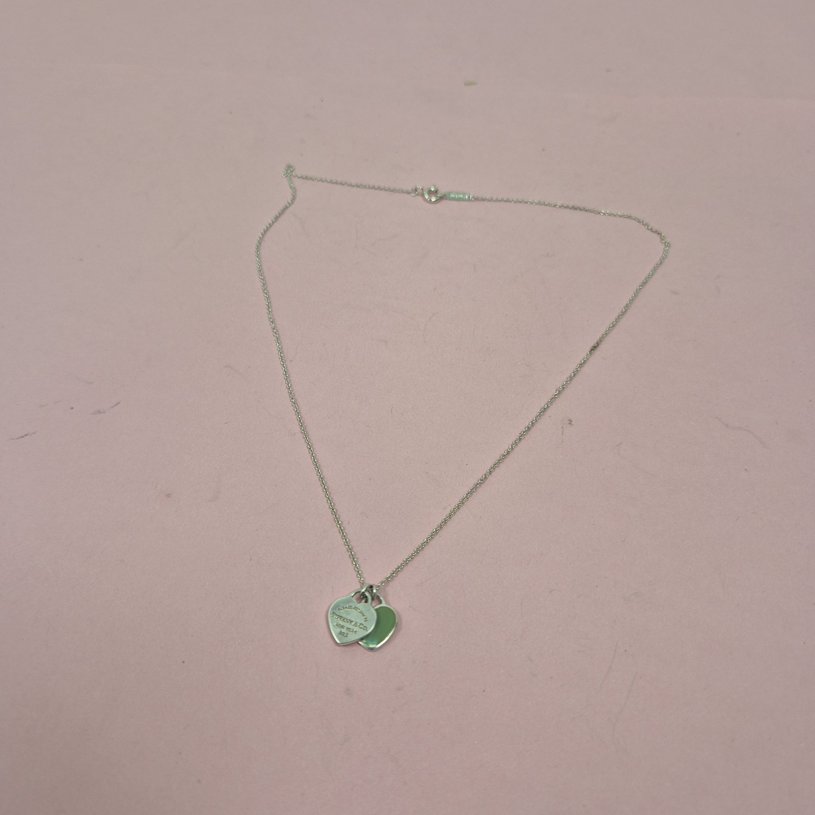 Tiffany & Co Return To Double Mini Green Enamel Heart Silver Necklace Sz 16″#2