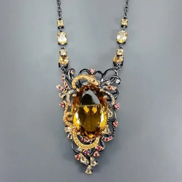 Natural 60ct Not Enhanced Citrine and Rhodolite Necklace 925 Sterling Silver 19