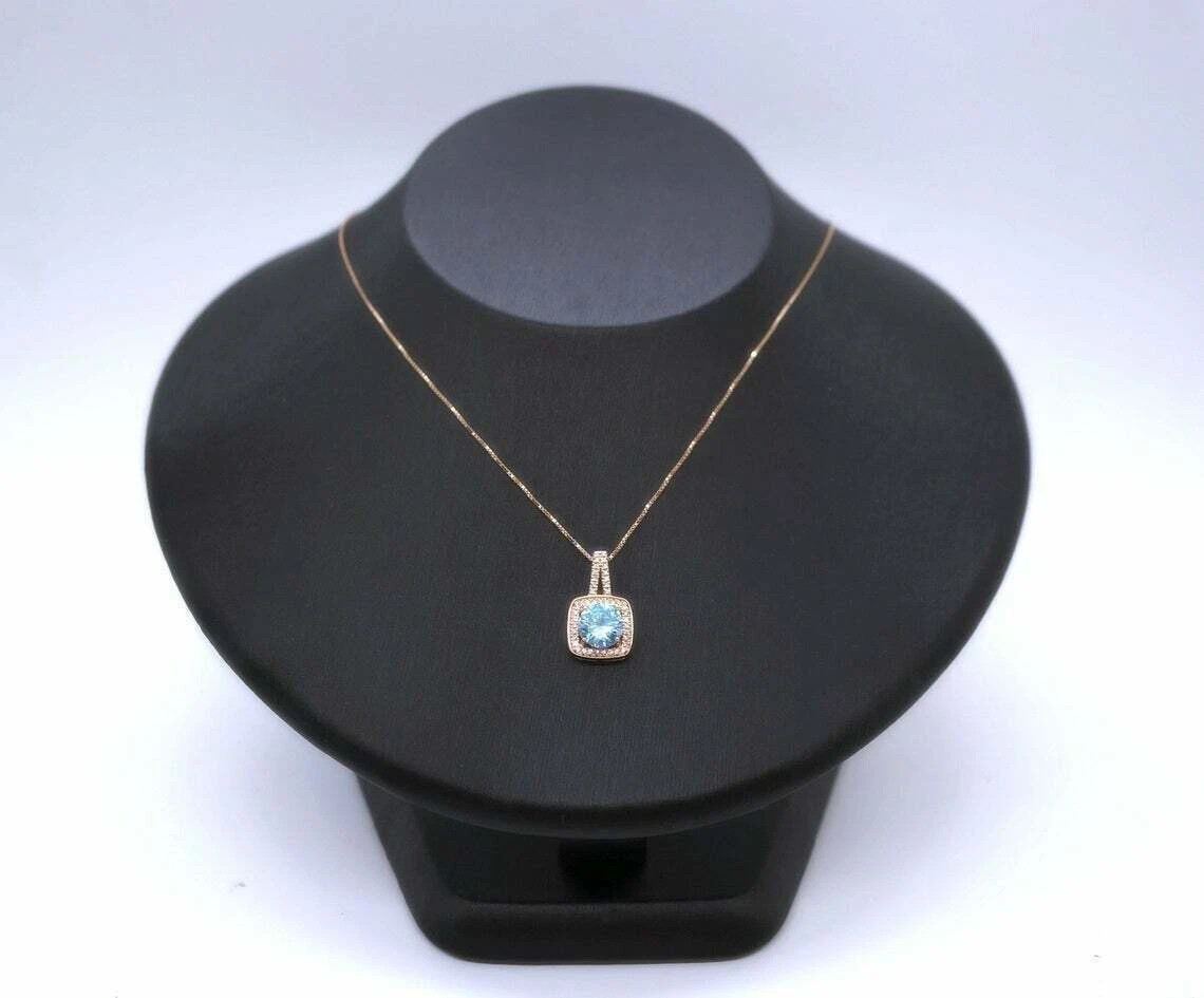 2Ct Round Cut Aquamarine Halo Pendant Necklace 14K Rose Gold Finish Free Chain