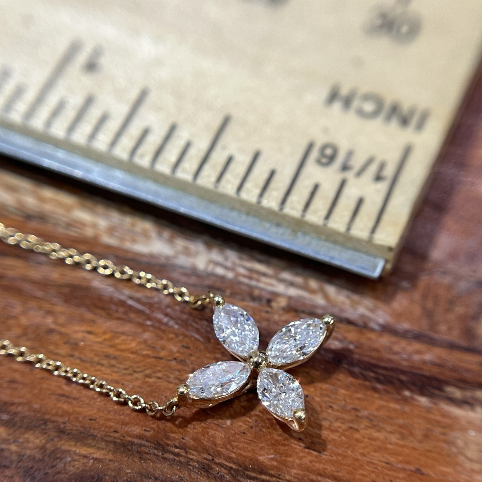 Dainty 0.47cts Marquise Real Diamonds Flower Pendant 18K Yellow Gold Necklace