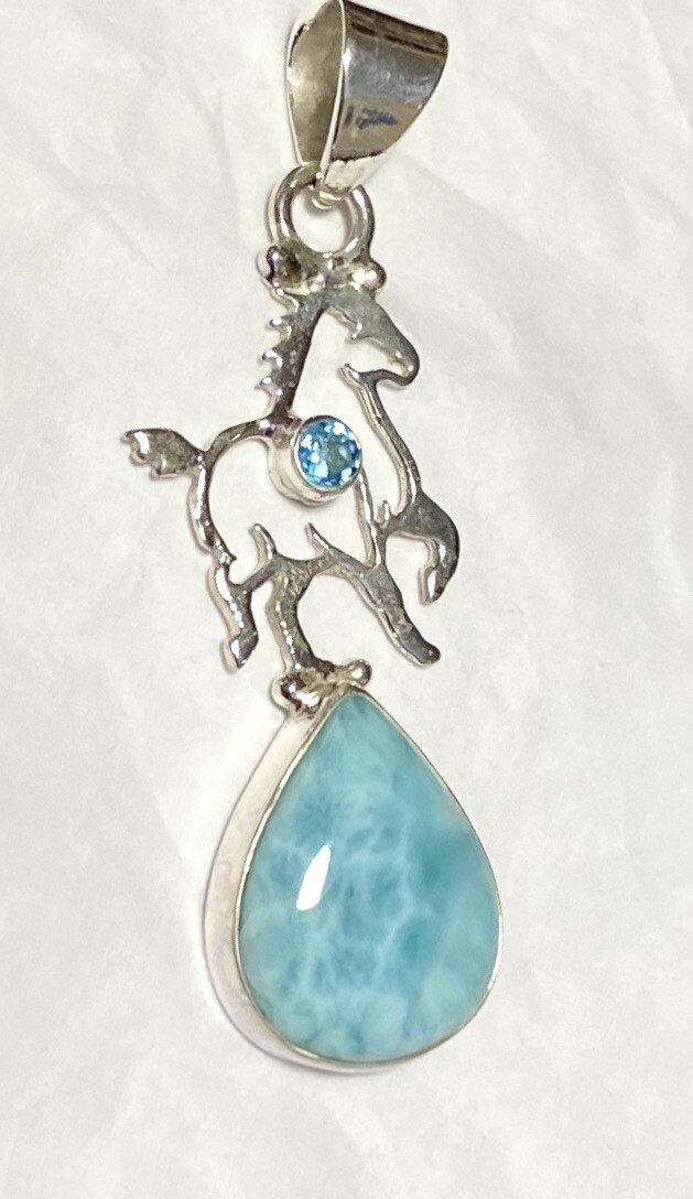Lovely Larimar & Blue Topaz Horse Pendant 2” 925 Sterling Silver🌹