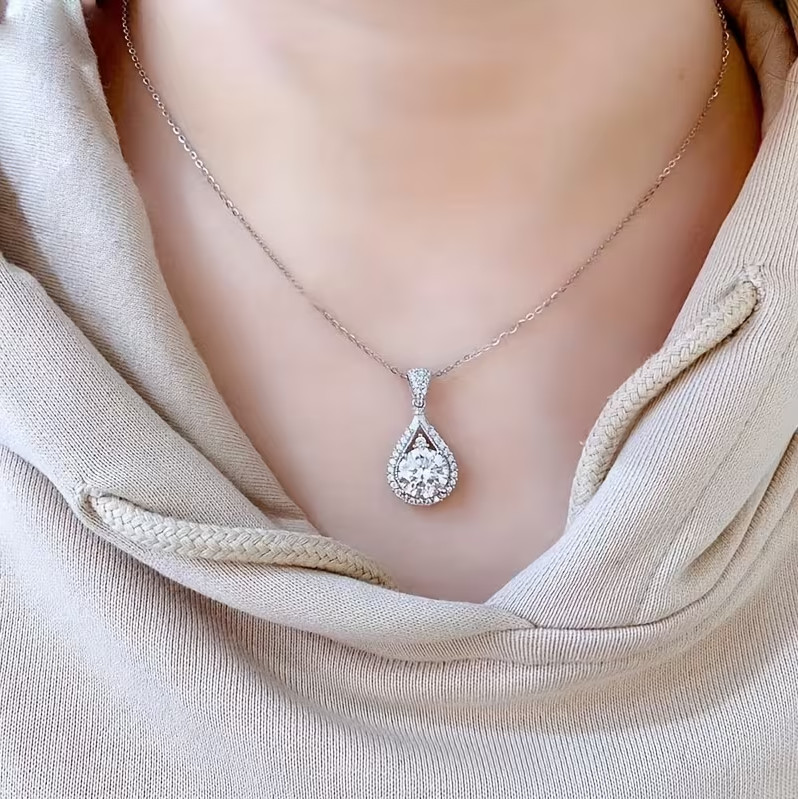 Sparkling White Moissanite Wedding Halo Pendant 14k White Gold 2.50 CT Round Cut