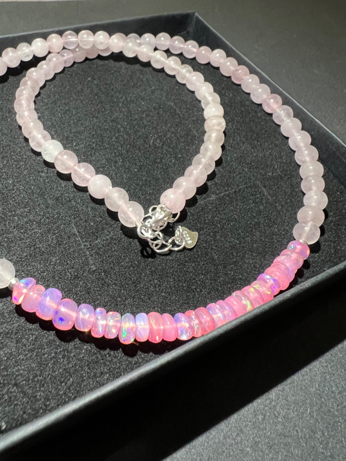 Rose Quartz & Pink Ethiopian Opal beads Choker Necklace in 925 Silver