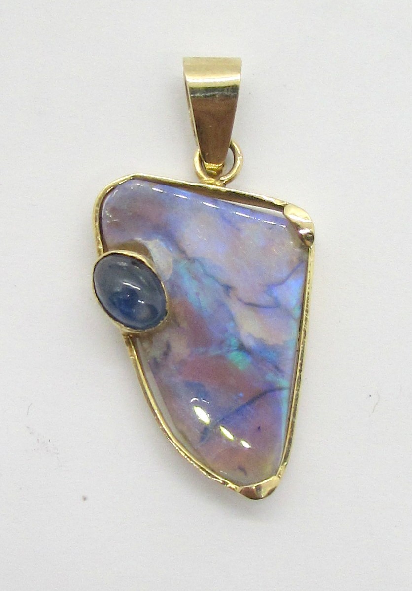 14K YELLOW GOLD LIGHTNING RIDGE OPAL & STAR SAPPHIRE PENDANT 31X16MM ~ 2.6 G