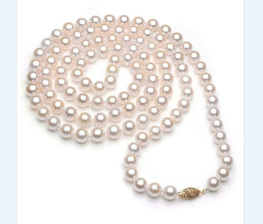 AAA 7-8mm Akoya white pearl necklace 36 18 25 inch 14k Yellow Gold Clasp