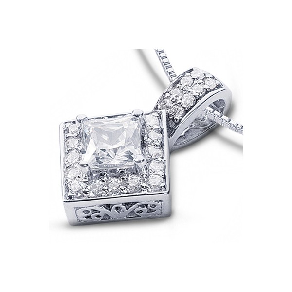 0.73ctw F VS1 Princess Cut Natural Certified Diamonds White Gold Halo Pendant
