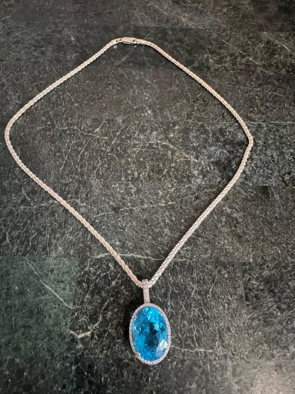 Sterling Silver 925 Large Oval Blue Topaz and White Topaz Pendant With 17″ Chain