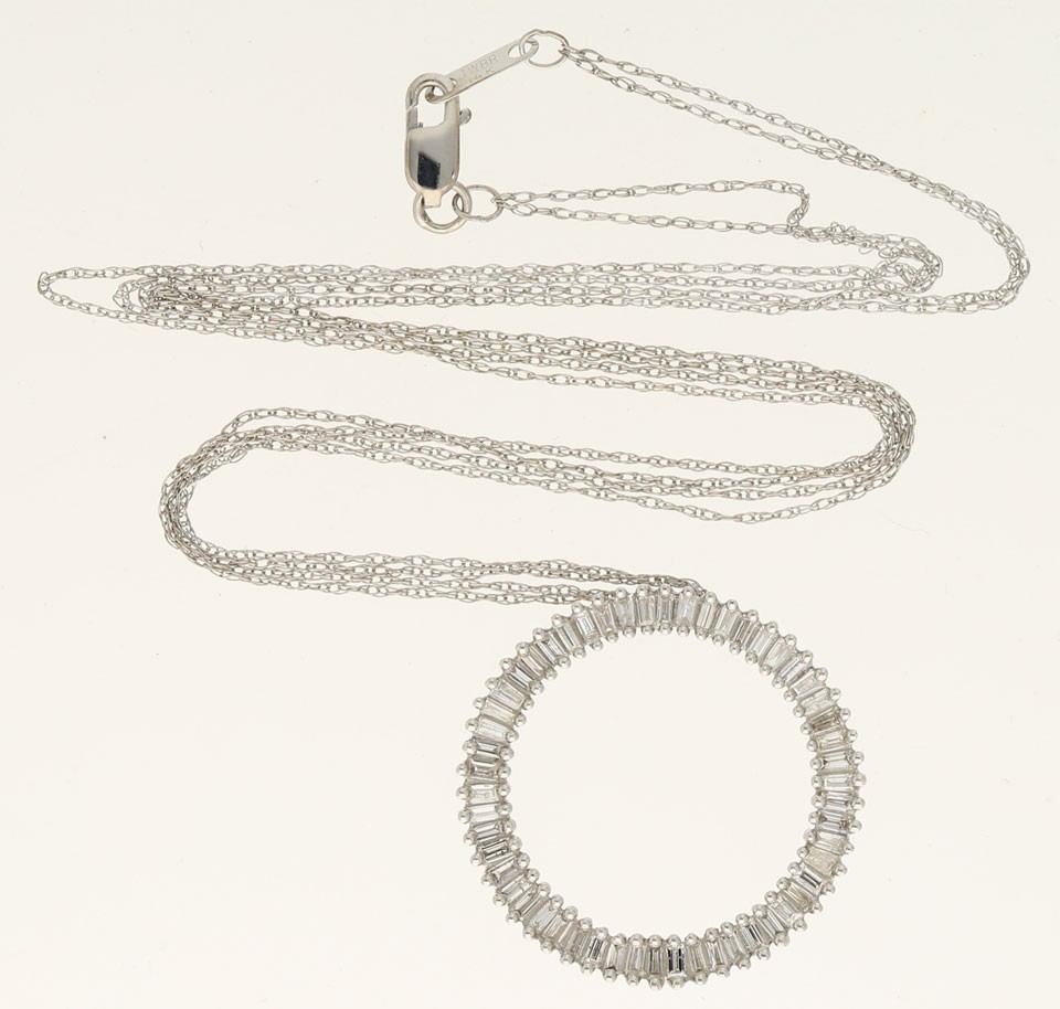 Natural Baguette Diamond Circle Pendant Necklace .80CT 14K WG 18”Chain