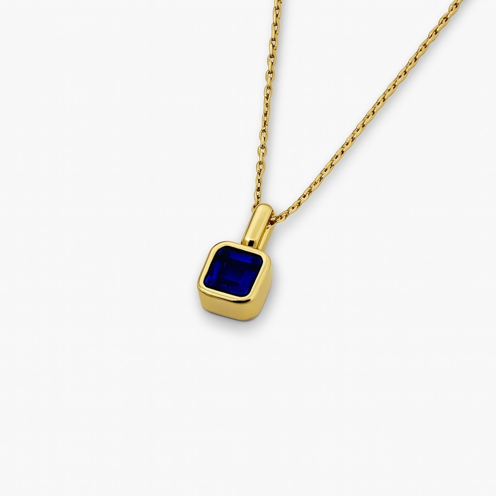 14k Gold Handmade Lab-Created Princess Cut Sapphire Gemstone Pendant Necklace