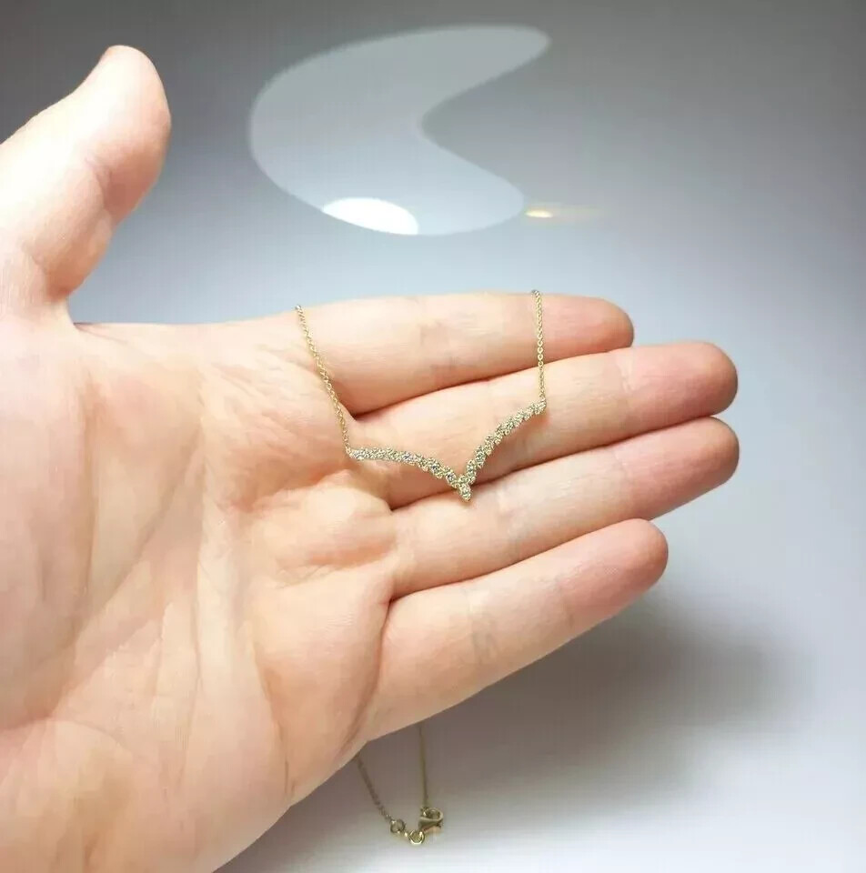 1.80Ct Round Cut Real Moissanite 14K Yellow Gold Plated V Shape Women’s Necklace