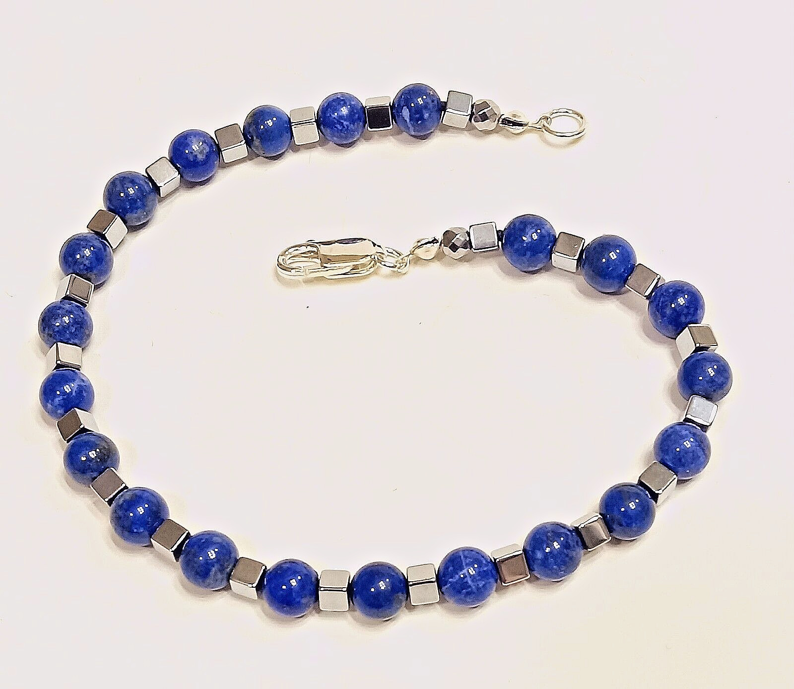 8″ MEN’S LAPIS BRACELET. Large Easy-to-Use Sterling Silver Lobster Claw Clasp.