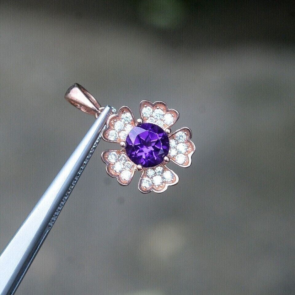 Floral Women’s Pendant 925 Sterling Silver 1.22Ct Round Lab-Created Amethyst