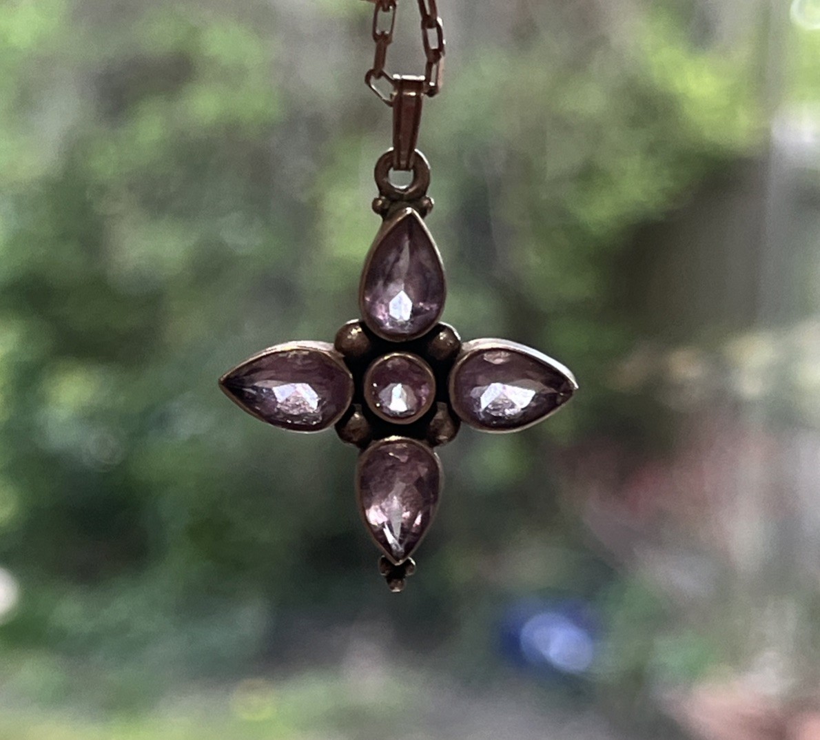 VINTAGE 925 Amethyst Pendant, Gothic Solid Sterling Silver Faceted Cross/Flower